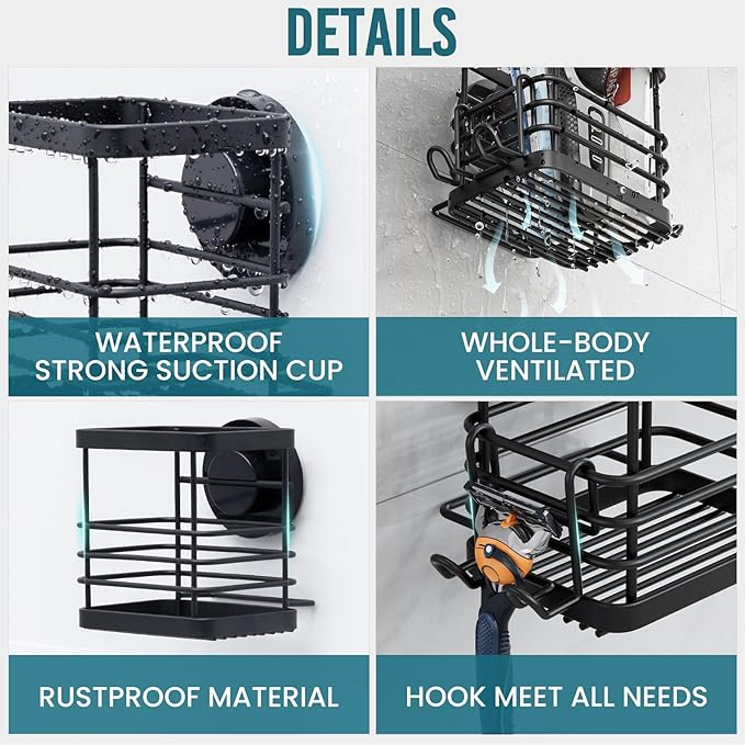 TAILI Patented Suction Cup Toothbrush Holder, Stainless Steel Anti-puddling Shower Toothbrush Holder, No Drilling Removable Organizer for Bathroom Toothpaste, Razor, Kitchen and Office Items, Black