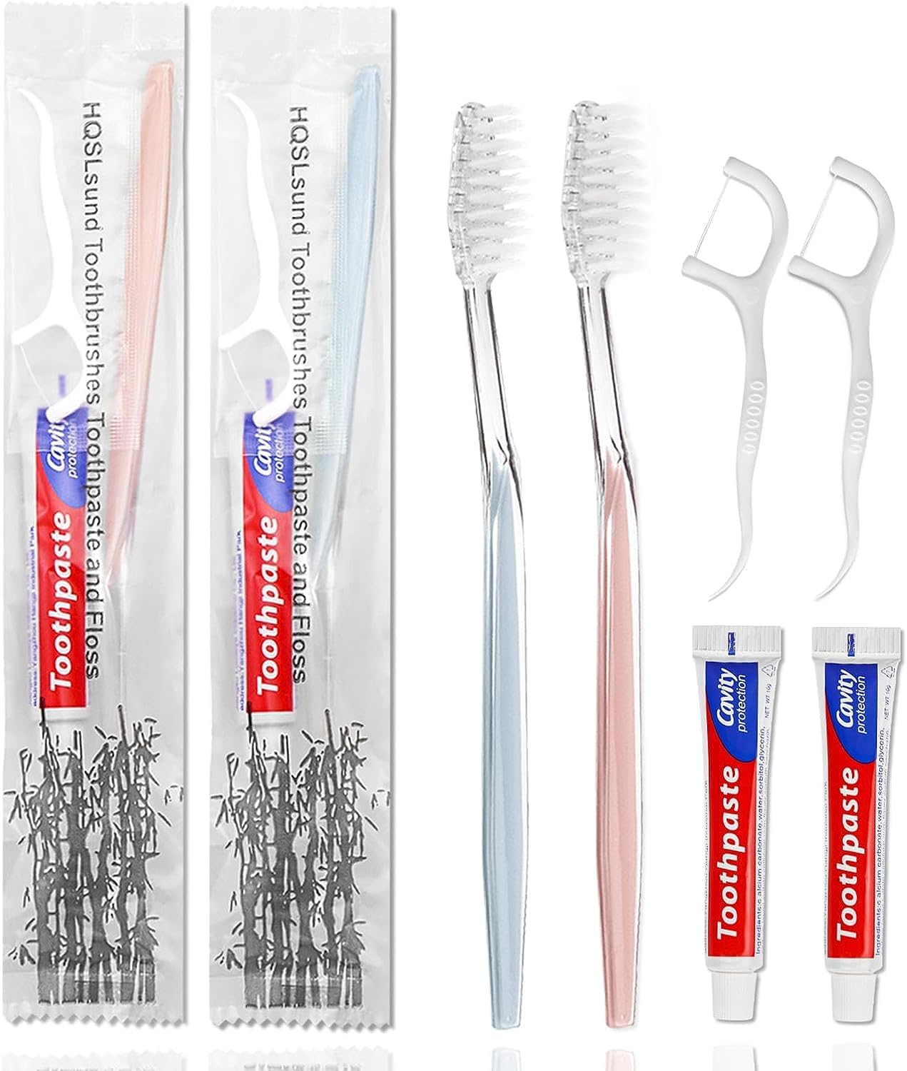 100pcs Disposable Toothbrushes with Toothpaste Floss Individually Wrapped, 2 Color Disposable Toothbrush, 10g Toothpaste, Floss Pick, Bulk Toothbrush Kit for Homeless,Airbnb,Hotel