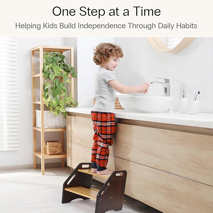 StrongTek Bamboo Kids Step Stool with Handles, 15" Wide Non-Slip Steps, 350 lb Capacity, Portable 2-Step Wooden Footstool, Easy to Assemble & Clean, Ideal for Bathroom, Kitchen, Sink & Toilet