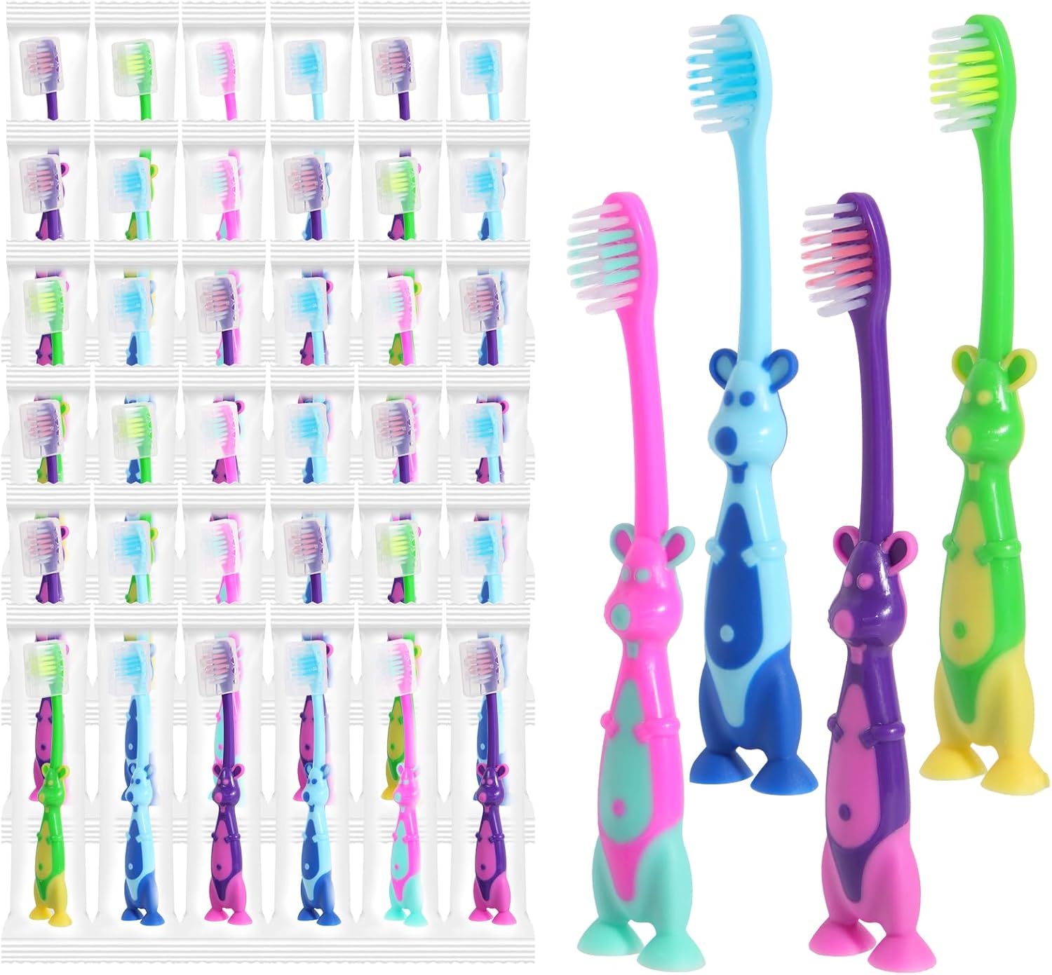 100 Pack Kids Toothbrush Bulk Soft Bristles Toddler Cute Toothbrush with Suction Cup, Includes Travel Covers, Individually Wrapped Toothbrushes for Kid Home School Daycare Camp (Kangaroo)