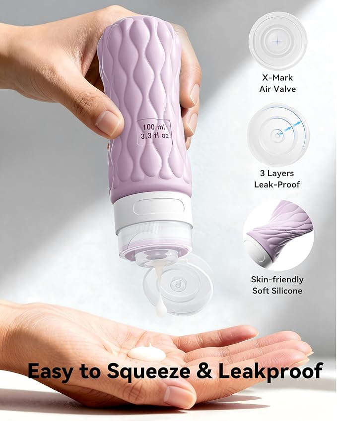 Silicone Travel Bottles for Toiletries 8 Pack Travel Size Toiletries 3.4 oz 1.7 oz, Leakproof Squeeze Travel Size Containers Refillable Cosmetic Jars Set for Shampoo, Conditioner, Creams