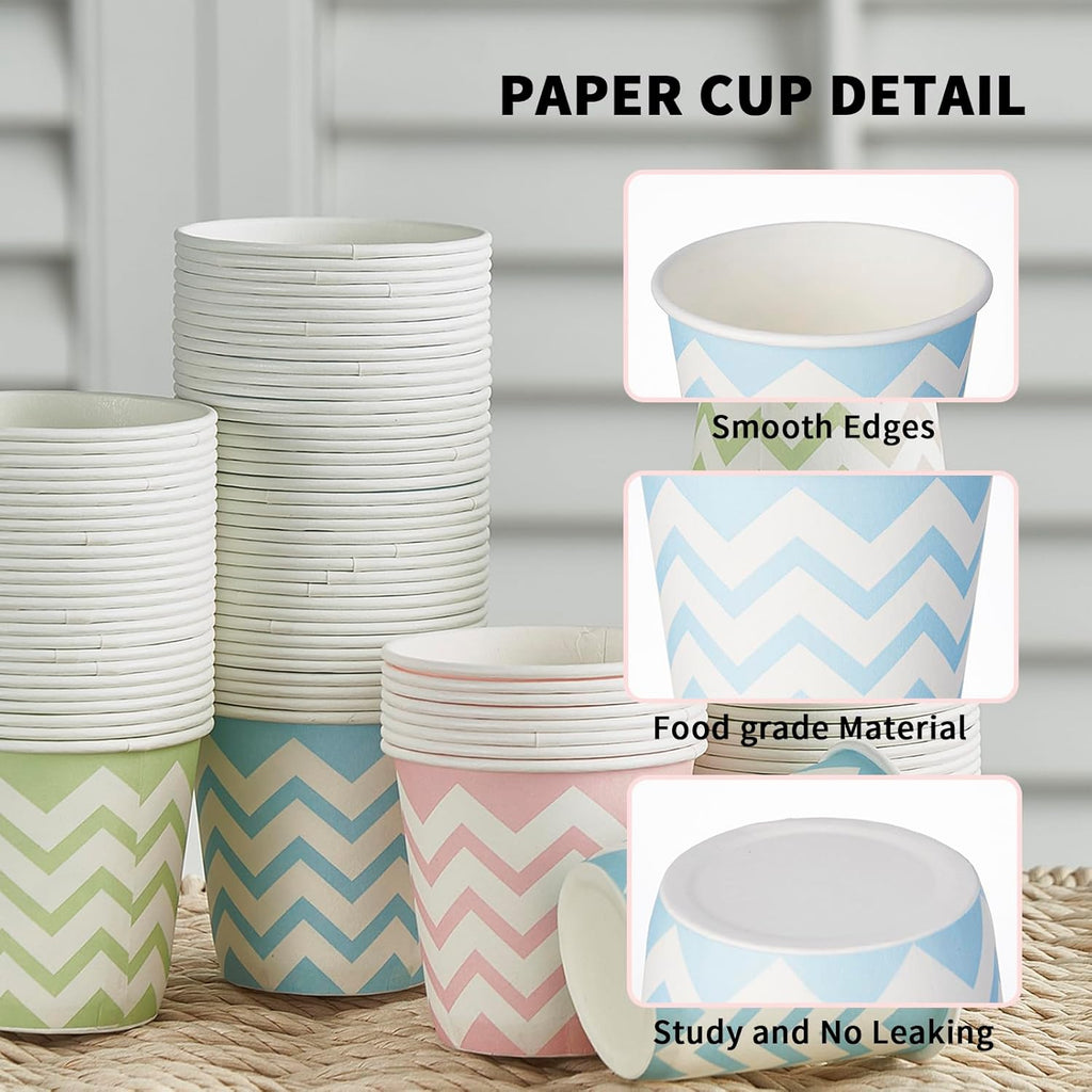 Tamone 600 Pack 3 oz Paper Cups - Small Bathroom Cups, Mini Wave Design Disposable Cups, Pink, Green, Blue - Mouthwash Cups for Valentine's, Picnic, BBQ, Travel, Home, Event