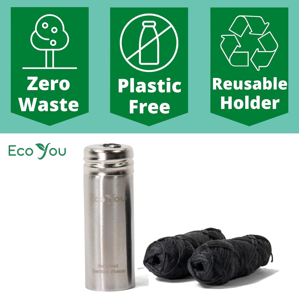 Charcoal Bamboo Floss | 2 Non Toxic Natural Floss Refill with Metal Container | Organic Mint & Candelilla Wax | Vegan & Biodegradable | Compatible w/Similar Dental Floss Silk Refill Containers