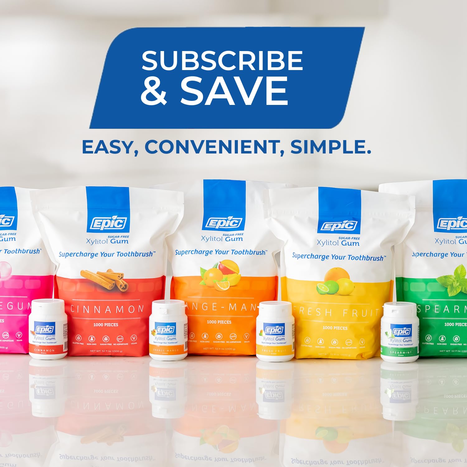 Epic 100% Xylitol Spearmint Chewing Gum - Sugar Free, Aspartame Free Dental Gum - Supports Oral Health & Fresh Breath - 500 Pieces