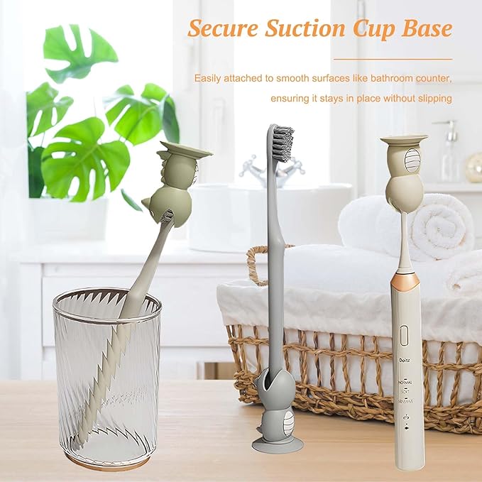 Mini Dinosaur Toothbrush Holder Stand with Suction Cup, Silicone Toothbrush Head Cover, Travel Protector, Bathroom Vanity Organizer for Adults Kids