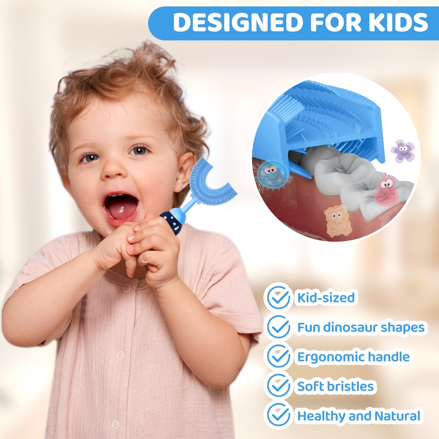 U-Shaped Toothbrush for Kids Ages 2-7， Soft Food-Grade Silicone for Sensitive Gums， 360° Teeth Cleaning Design，Training & Travel-Friendly Toddlers' Toothbrush (Blue)