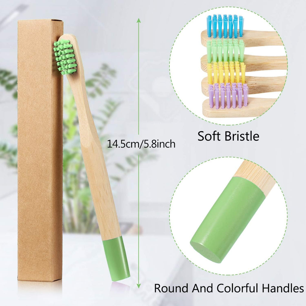 10 Piece Kids Bamboo Toothbrush Set - Natural Soft Bristle, Wooden, Toddler to Adult, Organic, BPA-Free, Colorful Travel Pack