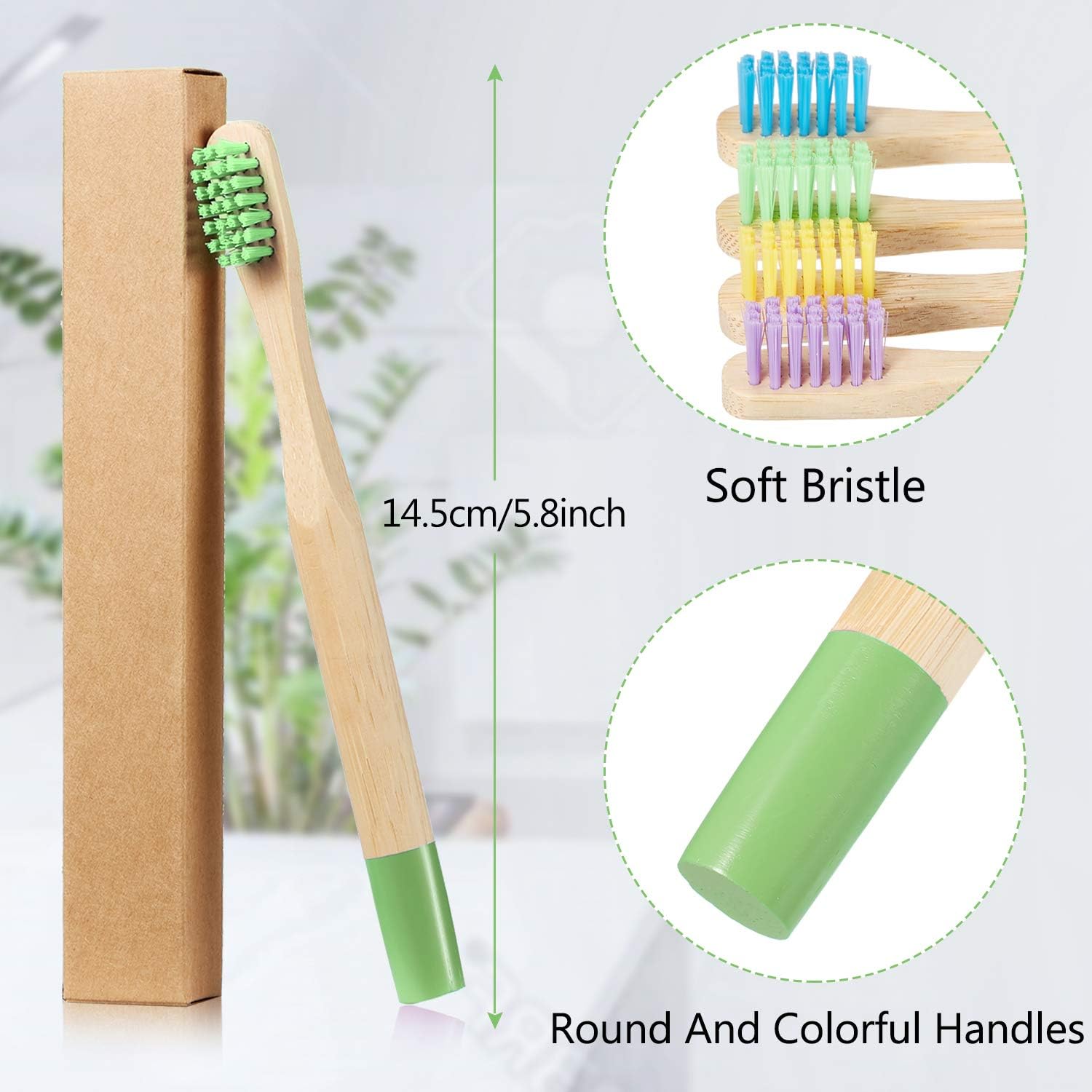10 Piece Kids Bamboo Toothbrush Set - Natural Soft Bristle, Wooden, Toddler to Adult, Organic, BPA-Free, Colorful Travel Pack