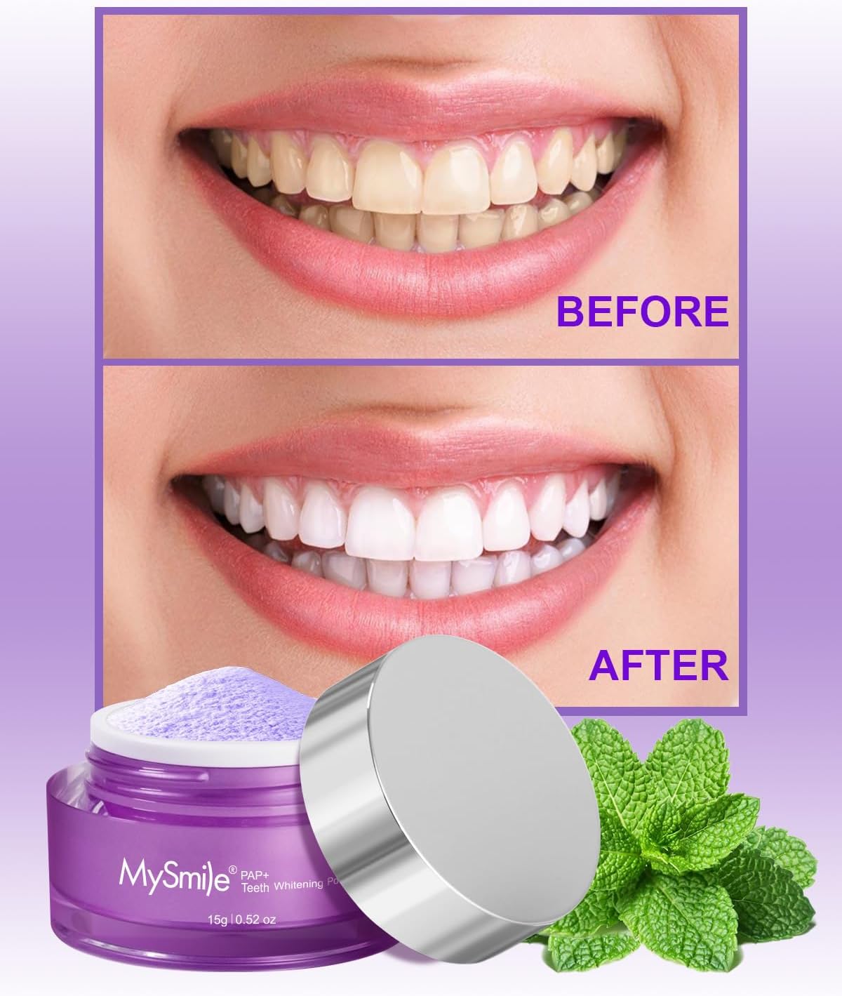MySmile Pap Natural Mint Non-Sensitive Teeth Whitening Powder Cavity Prevention Little Foam for Cleaning Tooth Fresh Breath Care Oral Alternative Fluoride Free Toothpaste -1.04 oz (Bright Purple)