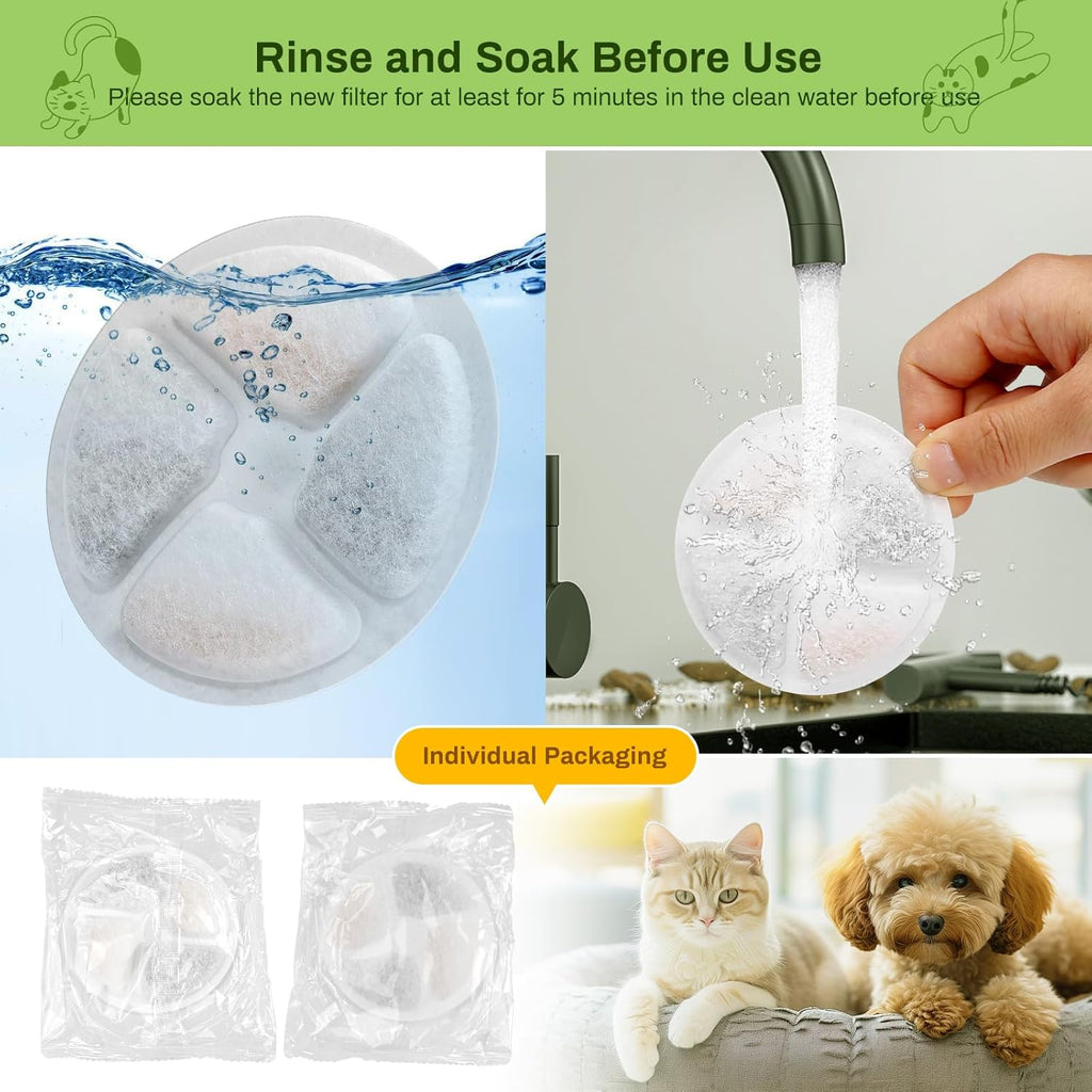 10 Pack Cat Fountain Filter Replacement for Round 2.2L/73oz Automatic Pet Water Fountain, Stainless Steel Cat Water Fountain Filters, Triple Filtration System, Activated Carbon Filters