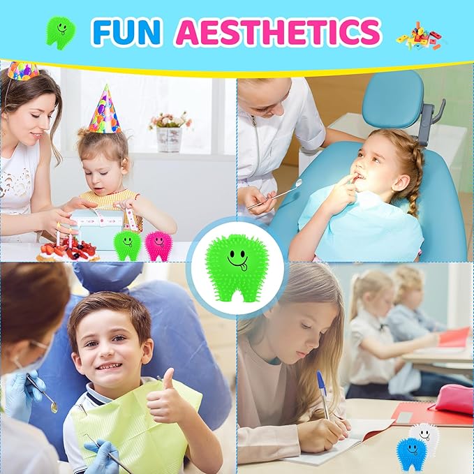 100 Pcs Mini Tooth Toys Fidget Stress Relief Puffer Squeezy Dental Dentist Toys Birthday Party Gifts School Office Prizes, 2 Inch (Multicolored)