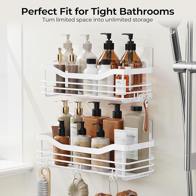Orimade Shower Caddy Basket Shelf Storage Rack, No Drilling Wall Mounted Adhesive Rust Proof Stainless Steel Shower Organizer with 5 Hooks for Bathroom, White 2 Pack