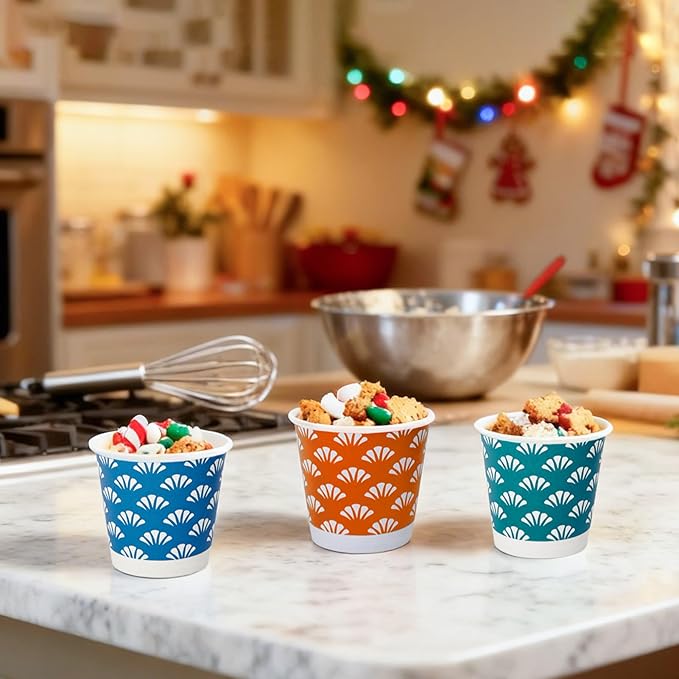 JollyPack 600 Pack 3 oz Disposable Bathroom Paper Cups, Small Mouthwash Cups in Orange, Blue, and Green, Great for Candy, Biscuits, Bathroom Use, Parties, Picnics, and Travel