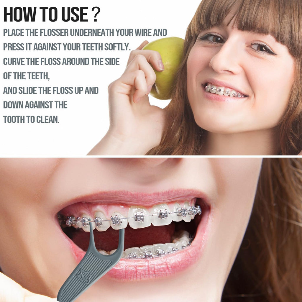 Dr. Emma Orthodontic Flossers for Braces, Ortho Dental Floss Picks, Mint Flavor 60 Count/Bag, Gray, 1 Pack