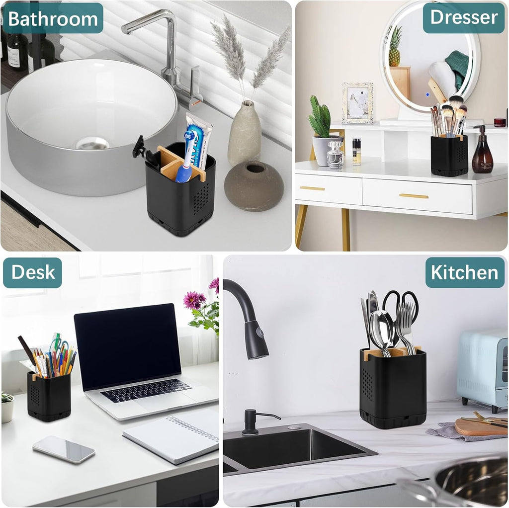 Boperzi Black Toothbrush Holders for Bathroom, Electric Toothbrush Holder with Bamboo Divider, Detachable Anti-Slip Toothbrush and Razor Holder Drainage for Shower, Toothbrush Organizer and Storage