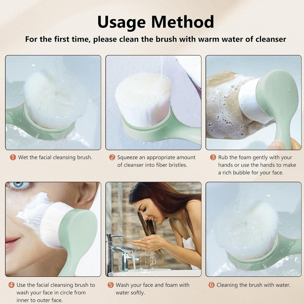2 Pack Soft Bristle Facial Cleansing Brush for Deep Pore Cleaning, Face Exfoliating Scrub Brush for Face Cleansing Skincare Massaging,Green