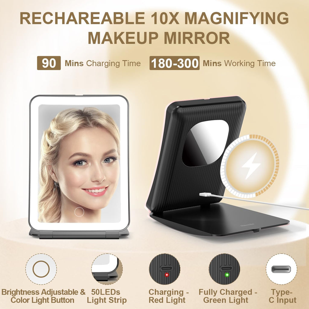 Mocado Travel Makeup Mirror with Light, 1x/10x Magnifying Mirror with Light, 3 Colors Lighted Magnifying Mirror, 2000mAh Rechargeable Lighted Makeup Mirror, Dimmable Touch, Memory Function (Black