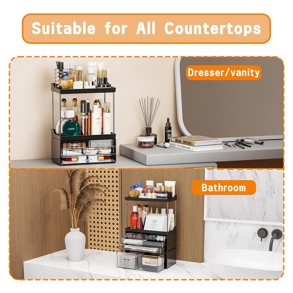 Yieach Acrylic Makeup Organizer Countertop,Large Skincare Organizer for Dresser Top,Plastic Bathroom Counter Organizers and Storage for Beauty,Cosmetic,Hair Products,Lotion and Perfume Organizer,Black