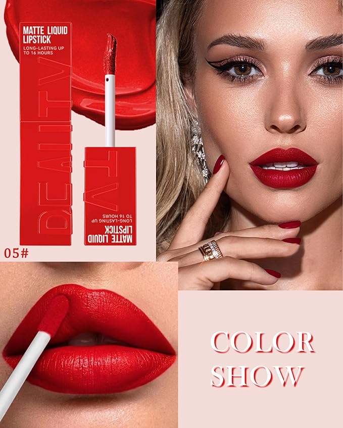 Matte Liquid Lipstick for Women,1Pcs Highly Pigmented Color Lip Stain Tint,Super Velvet Matte Lip Gloss,Up to 16H Wear Lipstain,Long Lasting Waterproof Lipgloss,Non-Stick Cup Lip Makeup-05# Ruby Red
