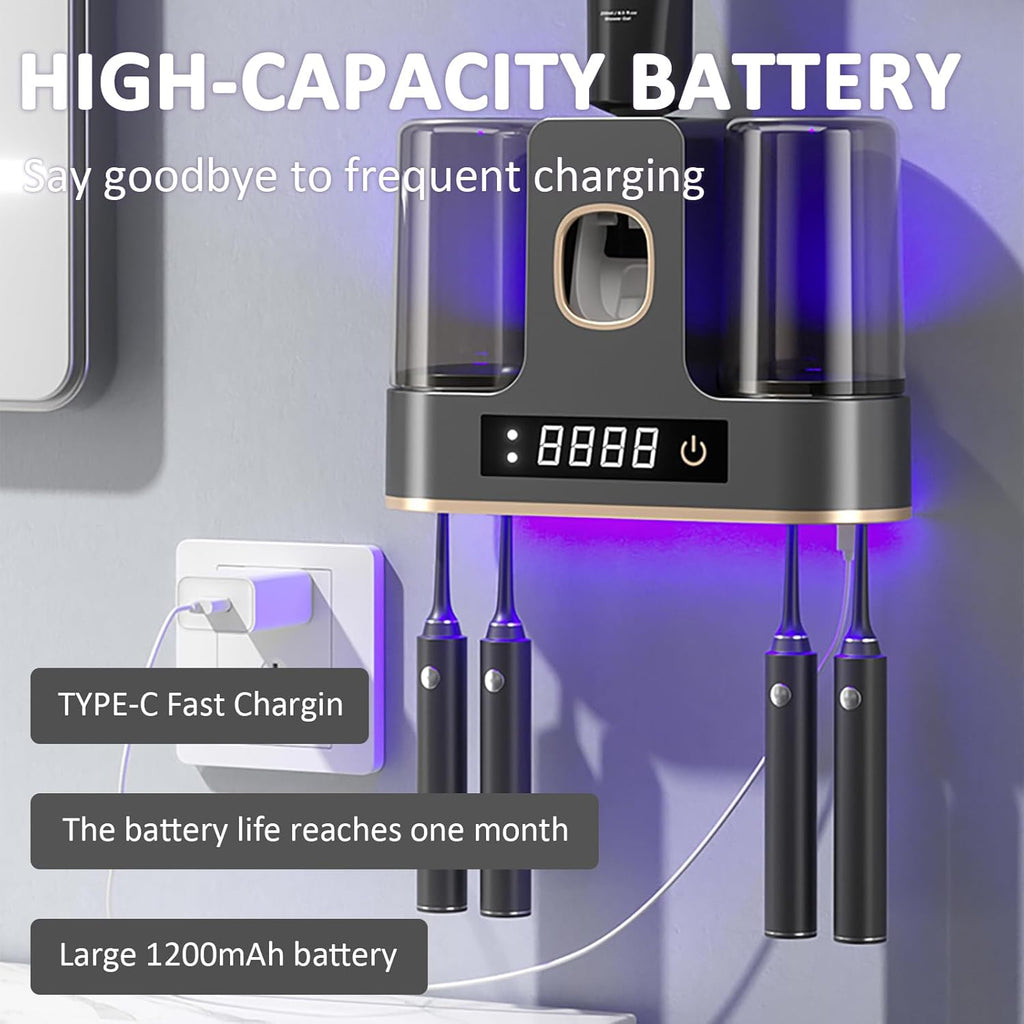 Toothbrush Holders for Bathrooms with Air-Drying, Toothbrush Sanitizer Holder with Smart Countdown LED Screen, 2 Cups Electric Toothbrush Holders Wall Mounted with Toothpaste Dispenser