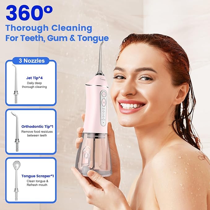 Water Flosser for Teeth Cleaning and Flossing, 5 Modes Rechargeable Cordless Oral Irrigator 320ml Water Tank Teeth Cleaner, IPX7 Waterproof Portable Electric Dentel Flossers for Home and Travel,Pink