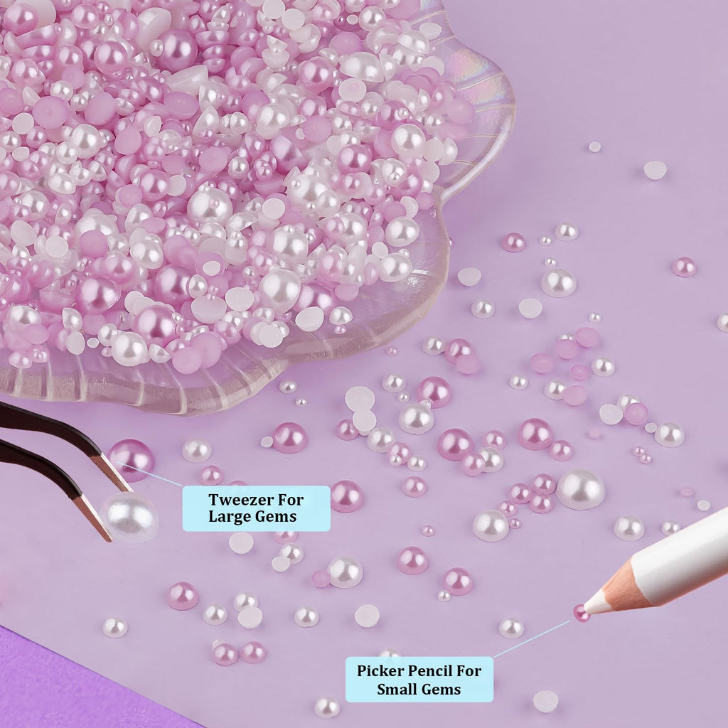 2 Boxes Flat Back Pearls Kit 2 Flatback White&Light Purple Half Round Pearls with Pencil and Tweezer 2-8mm for Face Makeup and Craft