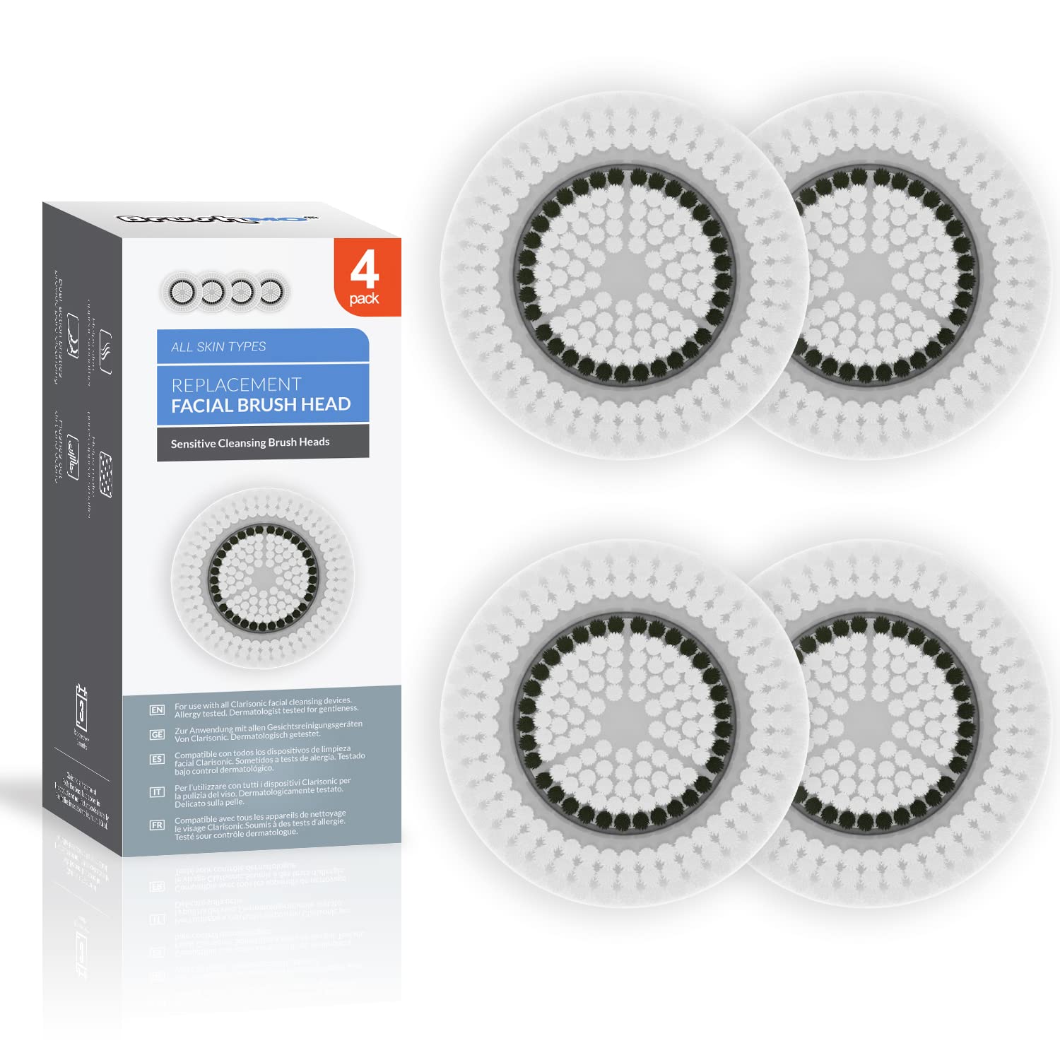 Brushmo Brush Head Replacements Compatible with Clarisonic Mia 1, Mia 2, Mia Fit, Alpha Fit, Smart Profile Uplift and Alpha Fit, Sensitive Facial 4 Pack (Sensitive)