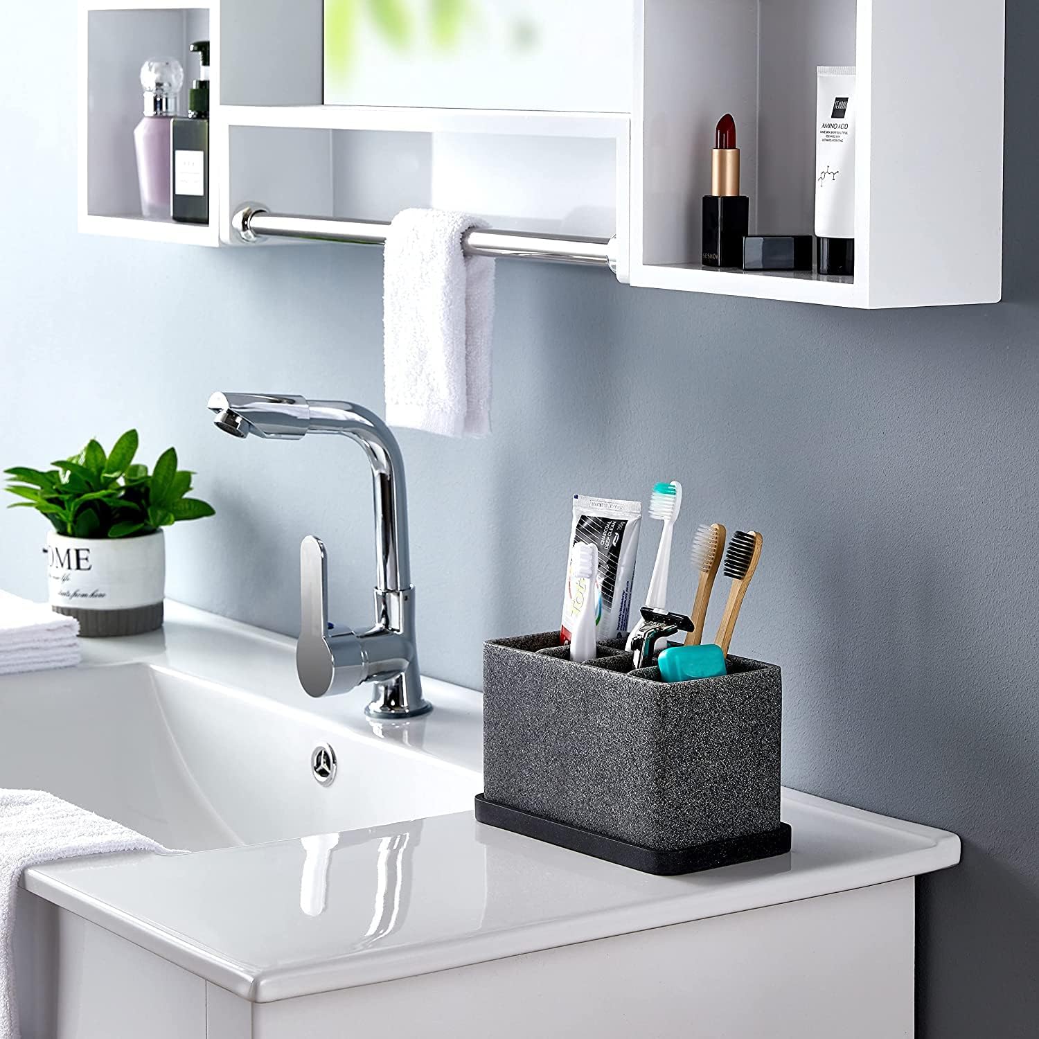 ZCCZ Toothbrush Holder, 6-Slot Bathroom Organizer for Countertop Storage, Holds Toothpaste, Dental Floss, Razor, Comb, Makeup Brushes, and More, Compact Tooth Brushing Stand for Efficient Organization