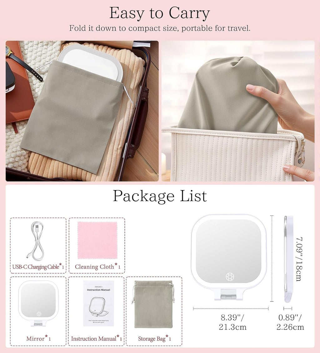 Shinowa Rechargeable Travel Makeup Mirror with 72 LED Lights, 1X/10X Magnifying Vanity Mirror with 3 Color Light, Folding Stand, 7 Inch Portable Dimmable Double Sided Compact Lighted Mirror, White