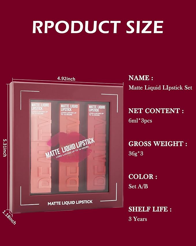 Matte Liquid Lipstick Kit-3Pcs High Pigmented Lip Tint Stain,Super Velvet Tinted Lip Gloss,Up to 16H Wear Lipgloss,Long Lasting Waterproof Non-Stick Lipstain,Christmas Makeup Gift for Women-Set A