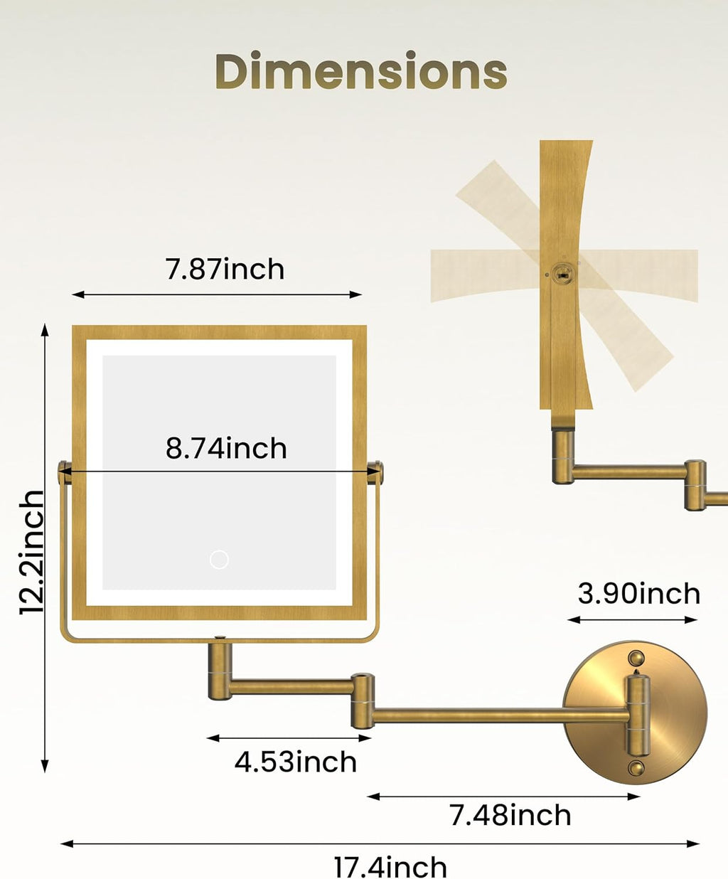 Rechargeable Wall Mounted Makeup Mirror with Lights, 4000mAh Double Sided 1X/10X Magnifying Vanity Mirror with 3 Color Lights, Touch Dimmable, 360° Extension Foldable Arm (Antique Brass)