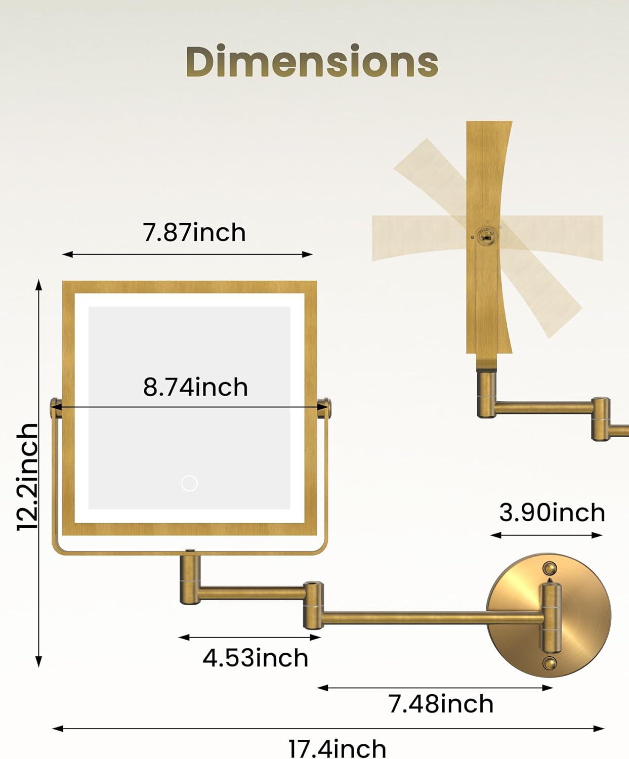 Rechargeable Wall Mounted Makeup Mirror with Lights, 4000mAh Double Sided 1X/10X Magnifying Vanity Mirror with 3 Color Lights, Touch Dimmable, 360° Extension Foldable Arm (Antique Brass)