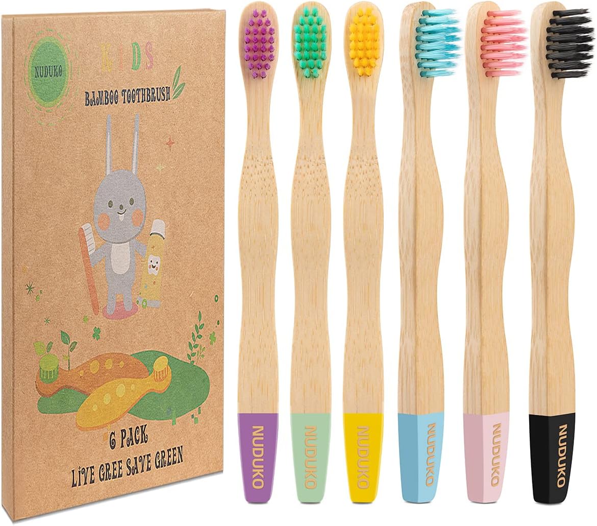 Bamboo Kids Toothbrushes (6 Pack) - Soft Bristle Organic Compostable BPA Free Toothbrush for Kids Toddler Baby Tooth Brush, Eco Friendly Natural Biodegradable Wooden Toothbrush