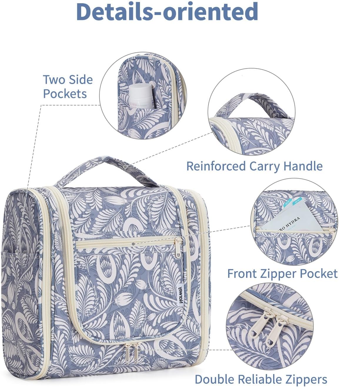 Narwey Hanging Toiletry Bag for Women Travel Makeup Bag Organizer Toiletries Bag Men for Cosmetics Essentials Accessories(Large, Blue Leaf)