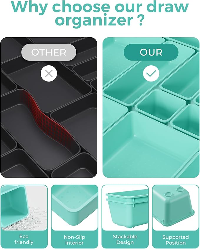 25 PCS Plastic Drawer Organizers Set, 4-Sizes Vanity and Makeup Organizer, Desk and bathroom Drawer Organizer Trays, Organizers and Storage for Makeup, Jewelry, Gadgets, Utensils (Blue)