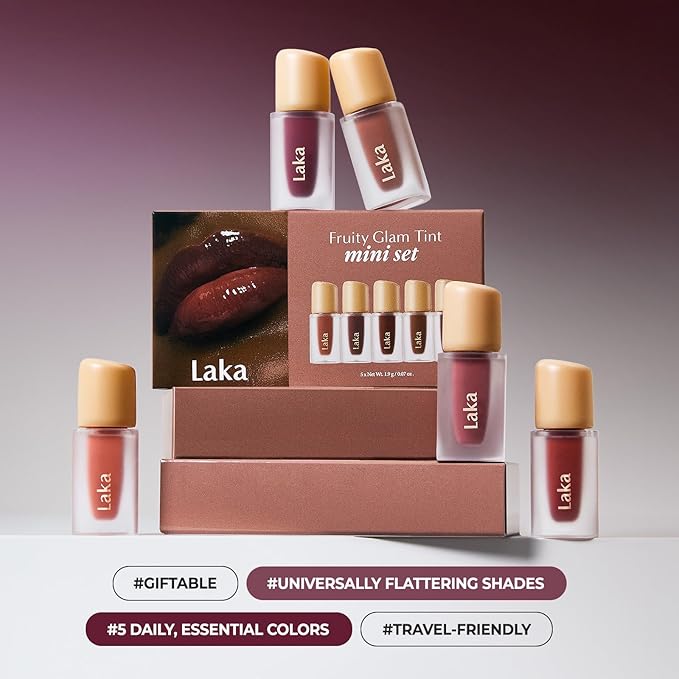 Laka Fruity Glam Tint Mini Set, 5pc Lip Tint Gift Set for Women, Hydrating & Glowy Finish, Lightweight & Transfer-proof Stain, Perfect Holiday Stocking Stuffers, K-Beauty