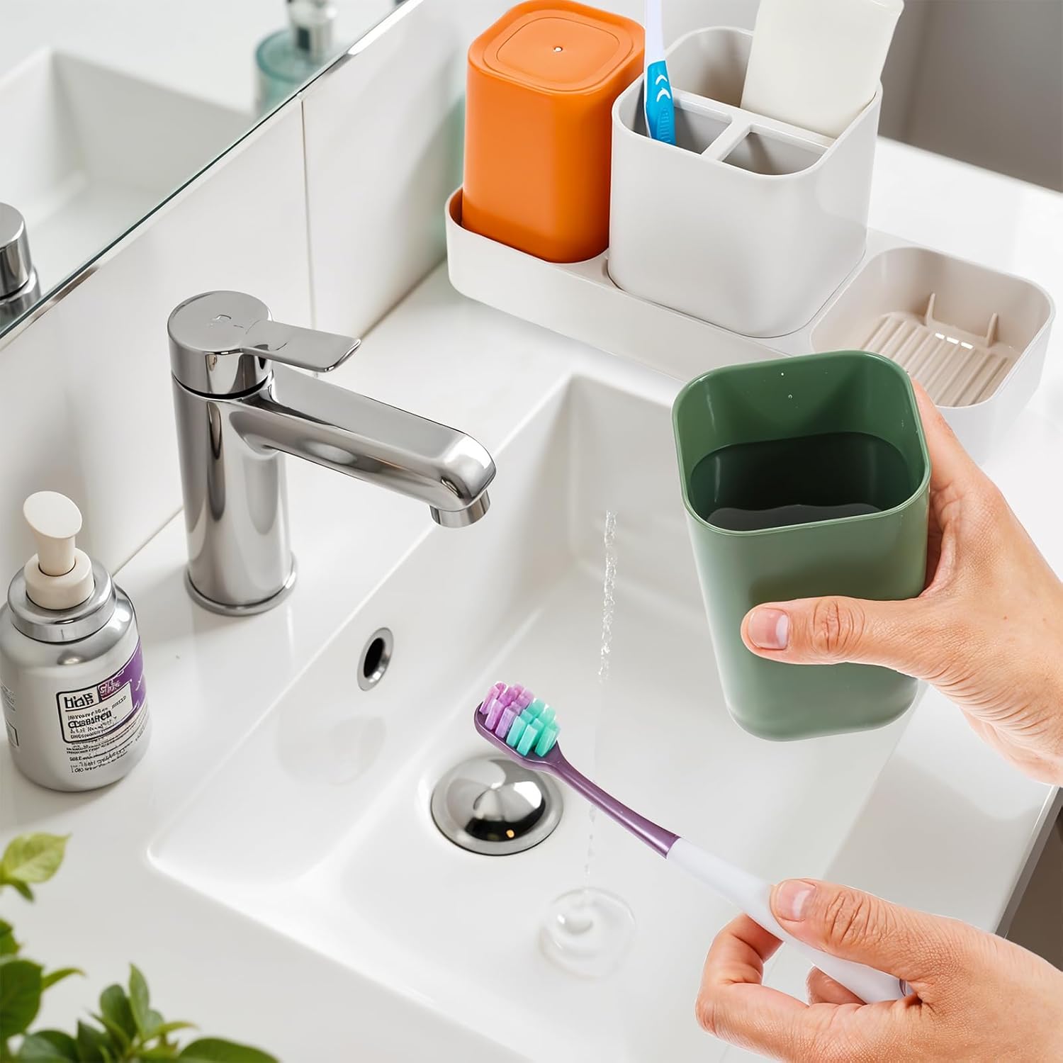 Toothbrush Holder for Bathroom, Bathroom Organizer Storage Set with 2 Cups, Kids Electric Toothbrush Holder, Bathroom Accessories Storage for Toothpaste