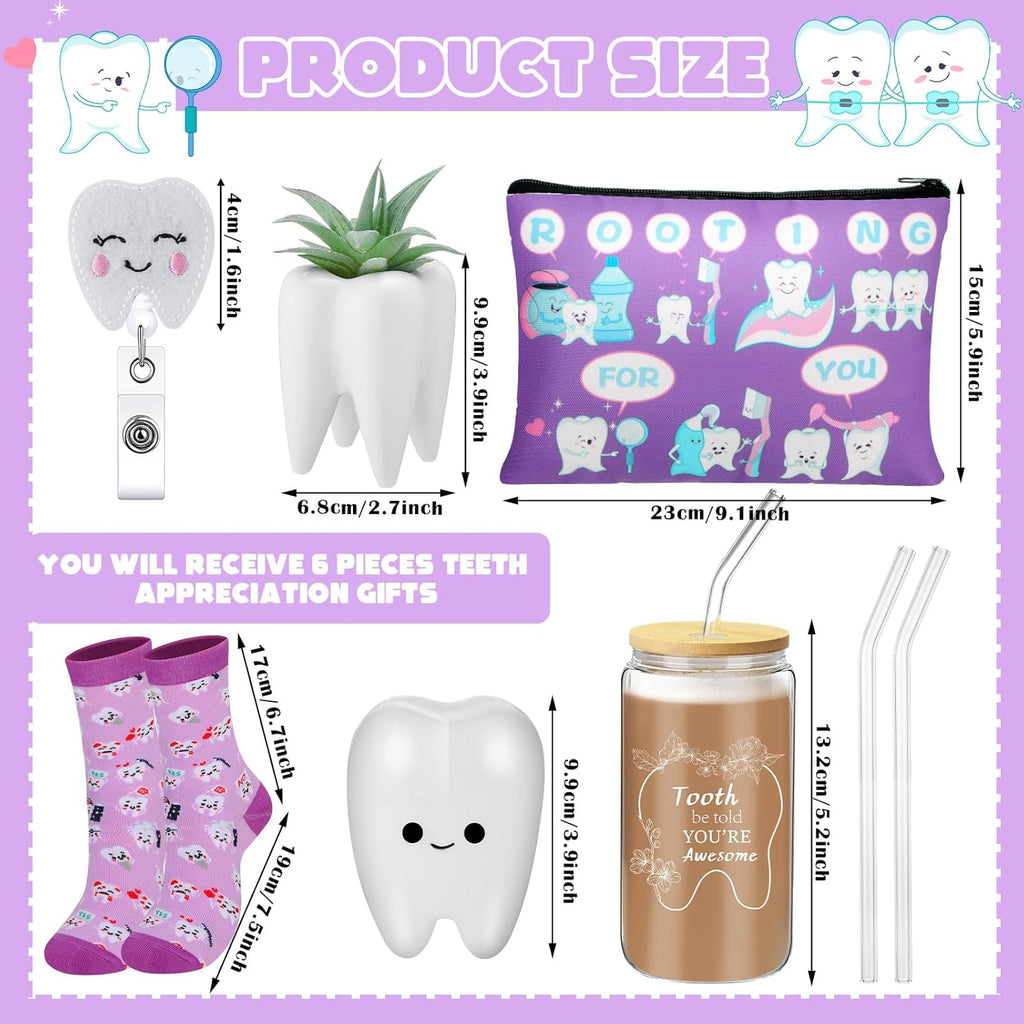 Pickmesh 6 Pcs Dental Gifts Nurse Assistant Hygienist Gifts 16 oz Glass Cups with Lid Makeup Bag Smiling Tooth Shape Felt Badge Holder Ceramic Pen Toothbrush Pot for Women Coworkers(Purple)