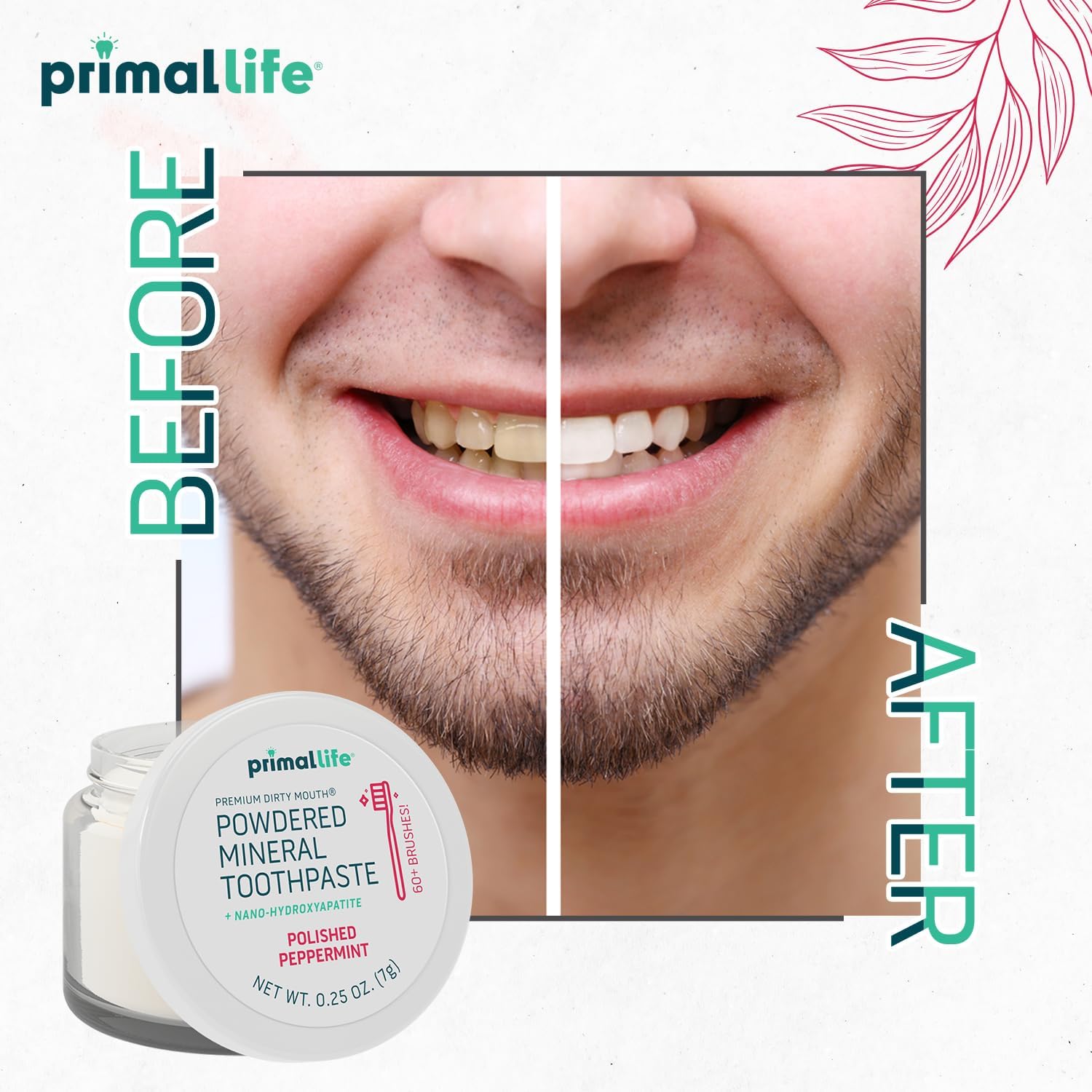 Primal Life Organics - Dirty Mouth Toothpowder, Tooth Cleaning Powder, Flavored Essential Oils with Natural Kaolin & Bentonite Clay, Good for 200+ Brushings, Organic, Vegan (Peppermint, 0.25 oz)