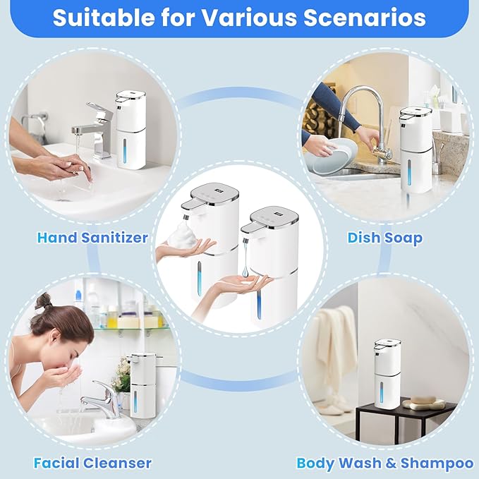 2 Pack Automatic Soap Dispenser, Touchless Liquid & Foaming Soap Dispensers, USB Rechargeable, 9-Level Adjustable Volume Control, 13.52oz/400ml, Wall Mount for Kitchen, Bathroom,Hotel, Easy for Kids