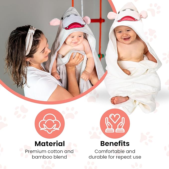 Premium Hooded Towel - 500GSM Viscose derived from Bamboo Baby Towels - Ultra Soft & Absorbent, Extra Large 35” x 35”, Hypoallergenic, Machine Washable Toddler Towel - Hippopotamus