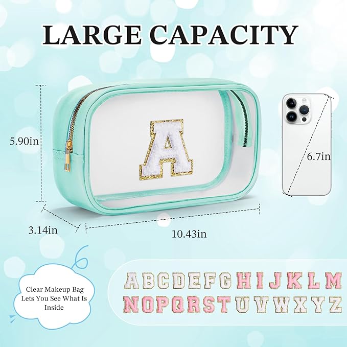 YOOLIFE Initial Make Up Bag Travel Toiletry Bag, Clear Makeup Bag Preppy Cosmetic Bags Organizer Travel Essentials Gifts for Women Teen Girlfriend Teacher Mom Birthday Mothers Day Gifts Blue S