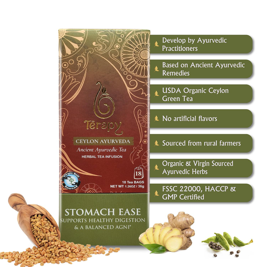 Térapy Ceylon Stomach Ease Herbal Tea Bags | Soothes Stomach & Supports Healthy Digestion | All Natural Ayurvedic Ingredients Including Peppermint, Ginger, Licorice | 18 Individually Wrapped Tea Bags