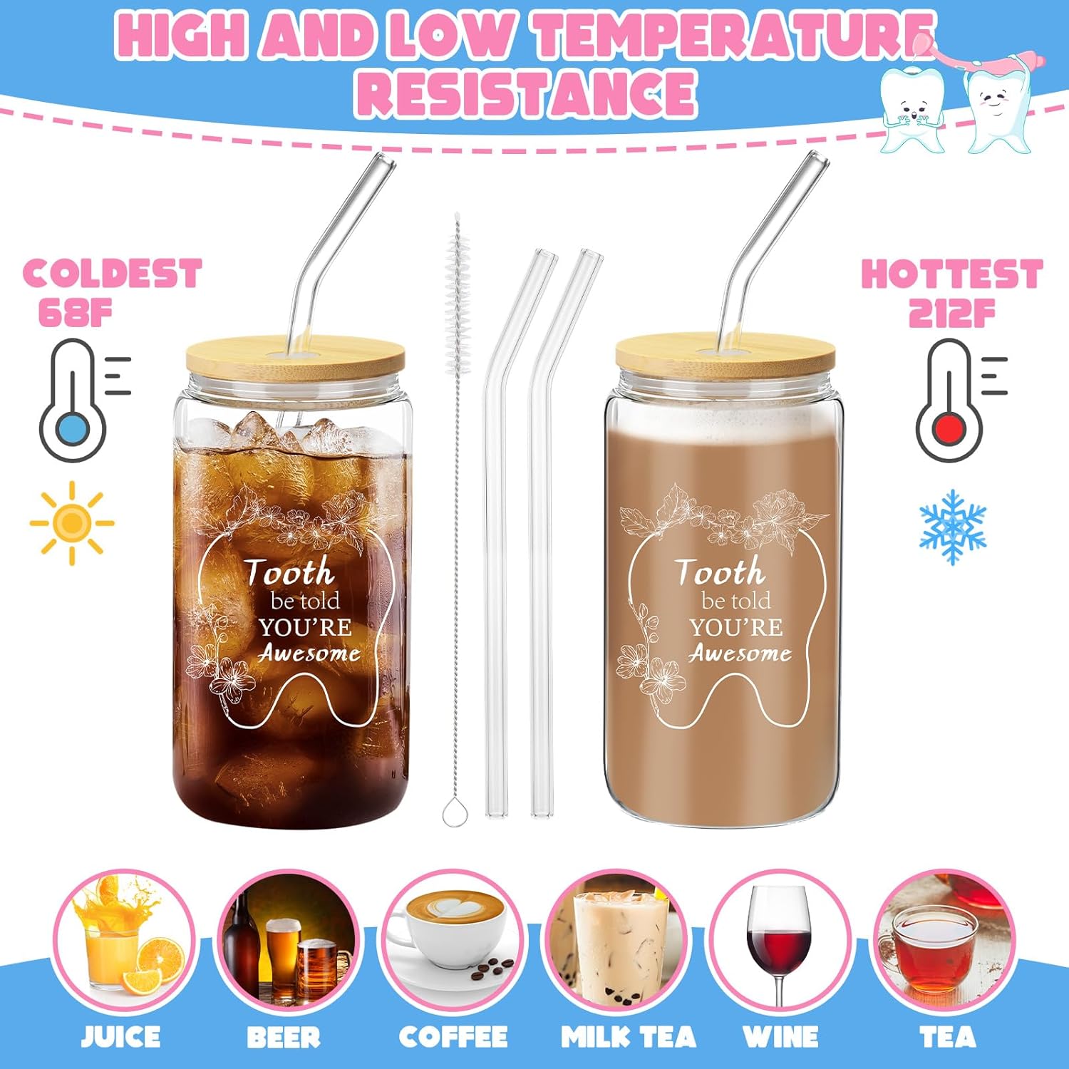 Pickmesh 6 Pcs Dental Gifts Dentist Assistant Hygienist Gifts 16 oz Glass Cups with Lid Makeup Bag Socks Badge Holder Tooth Brush Pot for Women Coworkers Doctor Nurse Christmas Accessories(Black)