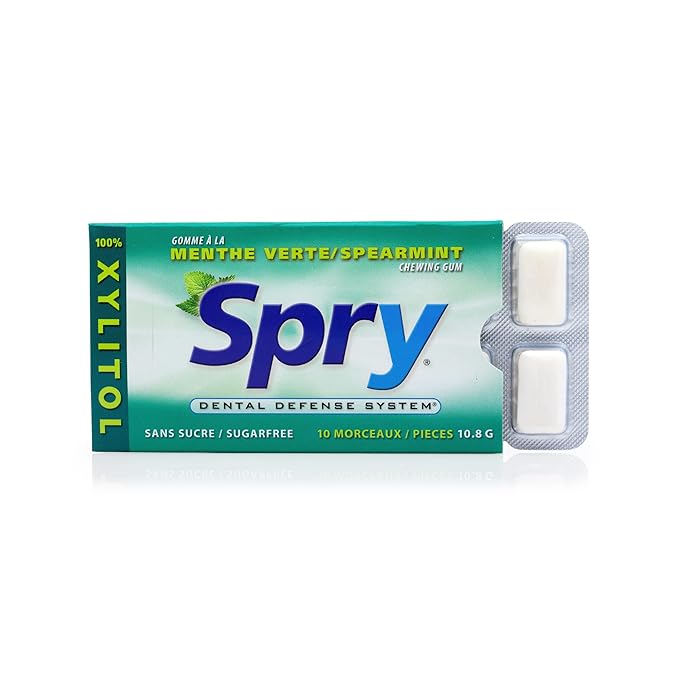 Spry Fresh Natural Xylitol Chewing Gum Dental Defense System - Aspartame-Free, Sugar-Free, Non-GMO, Gluten-Free (Spearmint, 10 Count Blister Cards - Pack of 20)