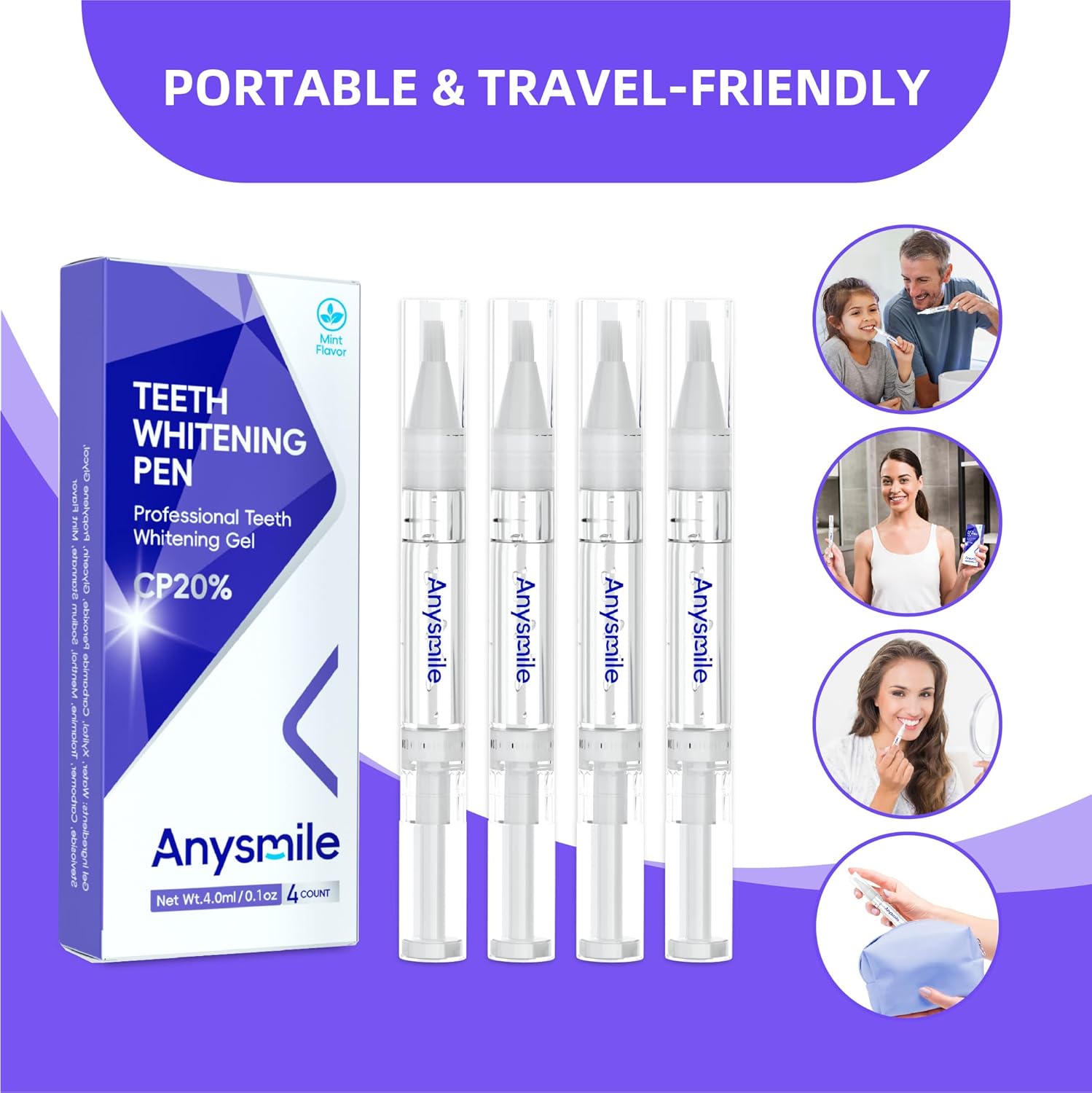 Teeth Whitening Pens Non Sensitive Teeth Whitener Gel with Effective 20% Carbamide Peroxide, 4 Professional Tooth Whitening Gel Pens 2ml/Pen