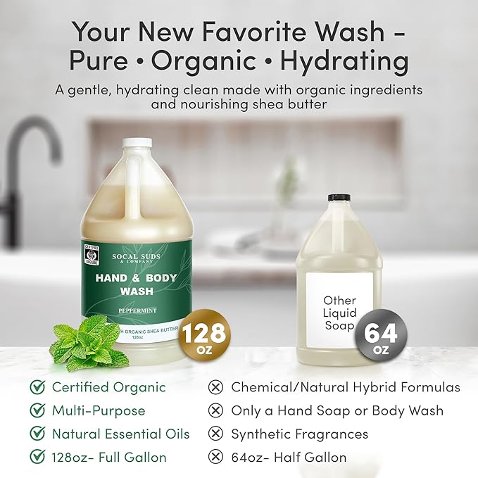 SoCal Suds & Company 128oz Certified Organic Hand & Body Wash w/Shea Butter- Gentle Natural Body,Baby & Face Wash for Sensitive Skin, Moisturizing Thick Castile Soap, Hand Soap and More - Peppermint