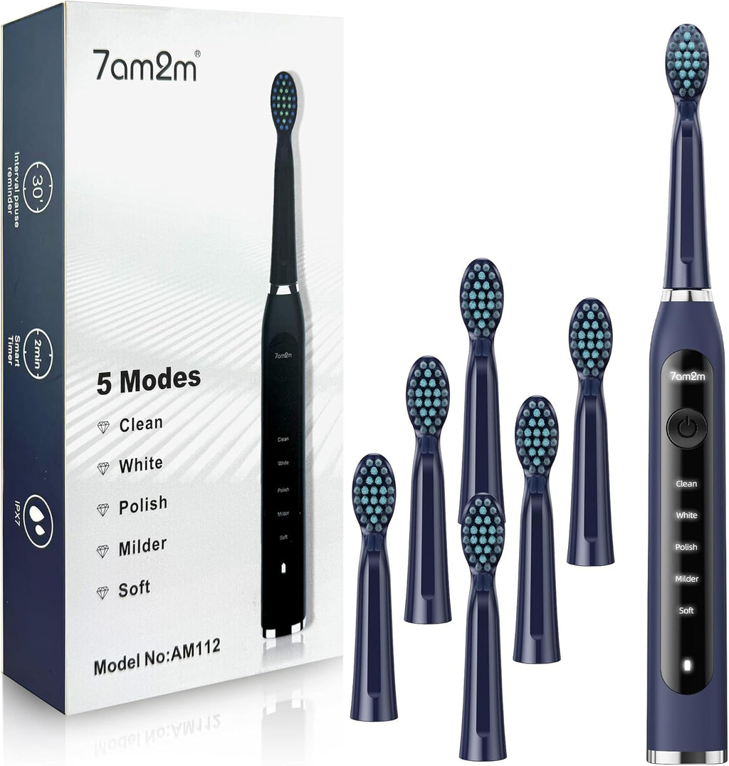 7AM2M Sonic Electric Toothbrush for Adults High Power Rechargeable Toothbrushes with 6 Brush Heads,5 Adjustable Modes, Built-in 2-Minute Smart Timer,3 Hours F Blue