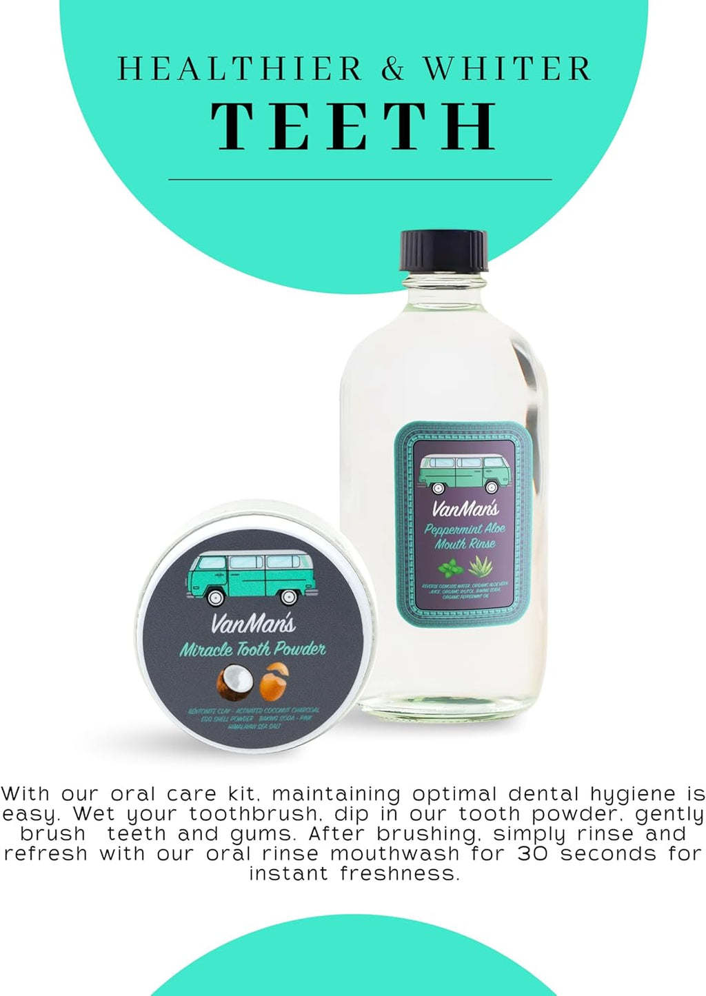Vanman's - Oral Mouth Care Kit with Powder Toothpaste (2.2 Ounce) and Oral Rinse Mouthwash (8.8 Ounce) - Aloe, Mint Remineralizing Mouthwash and Tooth Powder with Coconut Charcoal, Egg Shell