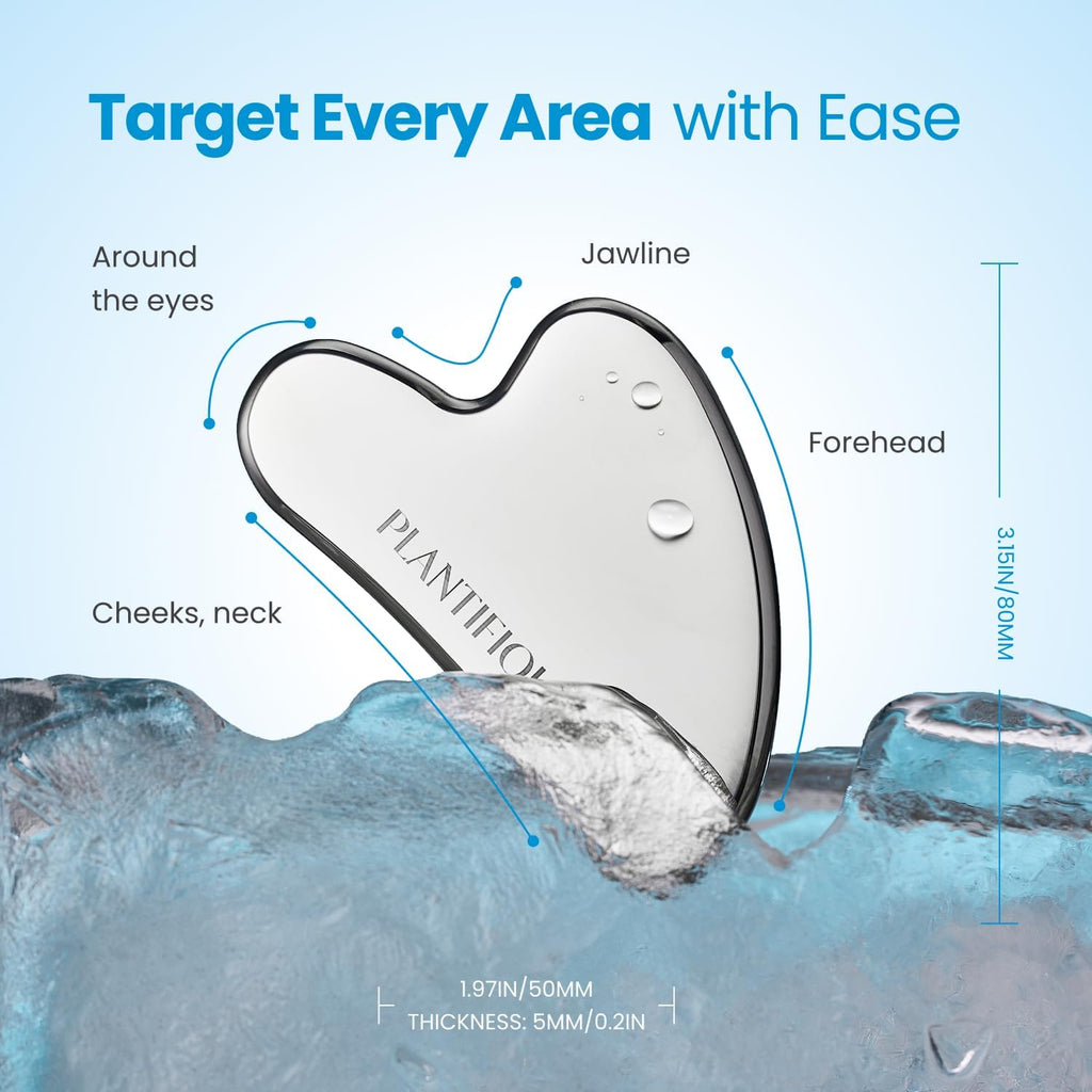 PLANTIFIQUE Facial Ice Roller and Stainless Steel Gua Sha Set - Cryotherapy Skin Care Massage Tools - Metal Massager Set for Puffy Face, Under Eyes and Body